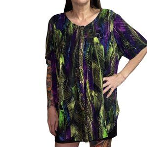 Sz.22W*Roaman's*Green/Blue/Purple Leaf-Print Button-Front Blouse